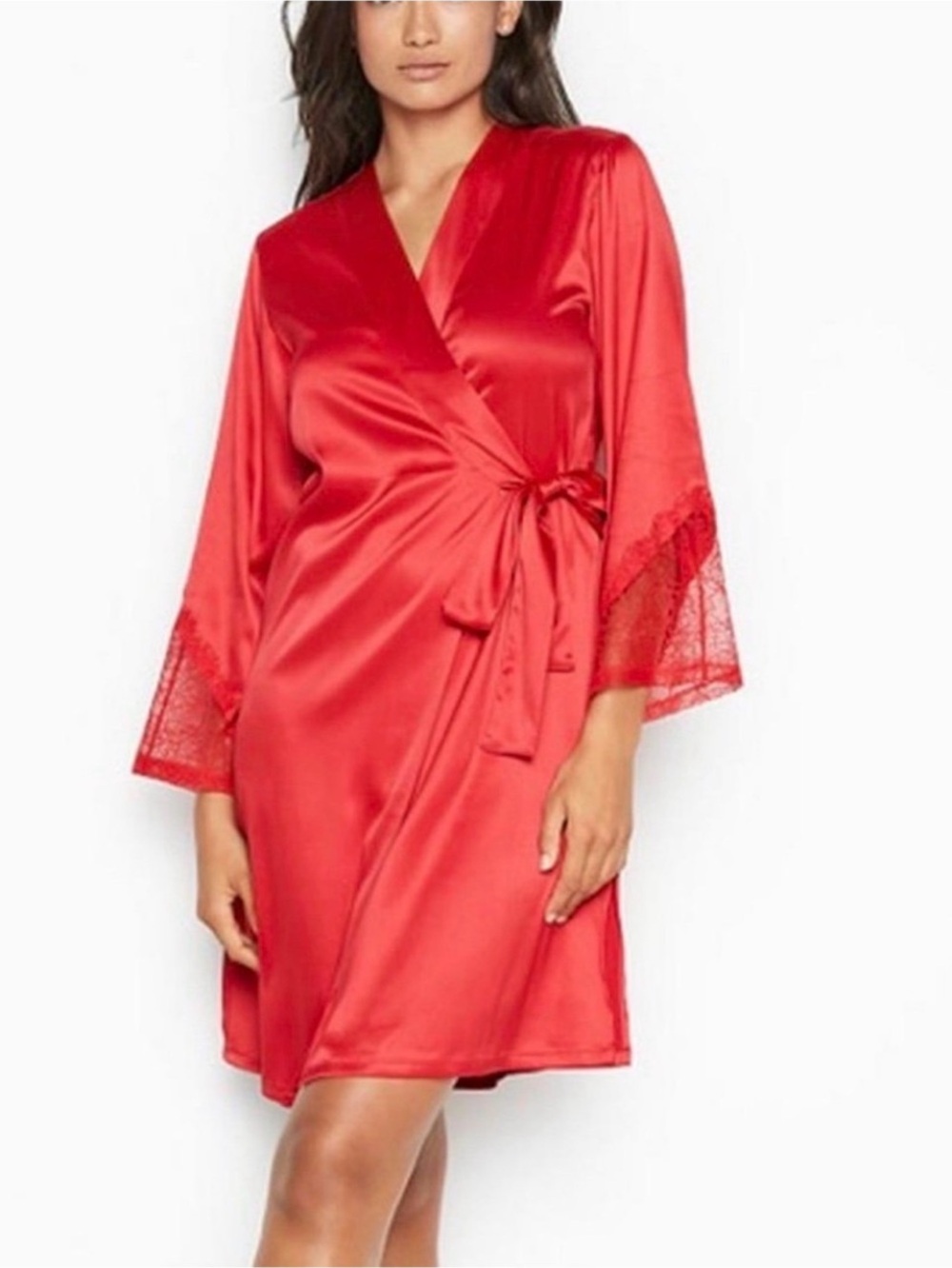 Victoria Secret Red Satin Kimono Robe With Lace Back M/L